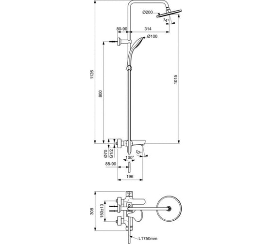 Душевая система в комплекте с настенным смесителем для ванны душа Ideal Standard Bc525xg idealrain cerafine o матовый черный 00000093981
