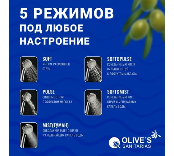 Лейка для душа Olive's 5 режимов с системой Touch Clean и вставкой ECO D165