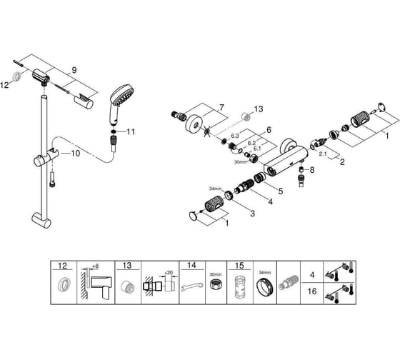Термостат для душа Grohe Grohtherm 1000 Performance, внешний монтаж 1/2", хром + душевой гарнитур Tempesta Cosmopolitan 100, 2 режима, душевая штанга 600 мм 34783000