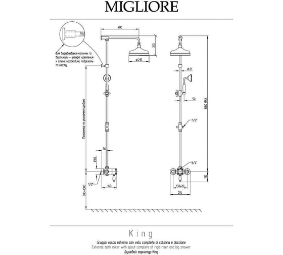 Душевой настенный гарнитур Migliore KING см-ль д/душа-термостат/колонна/верхн.душ/шланг/ручной душ, хром 31887