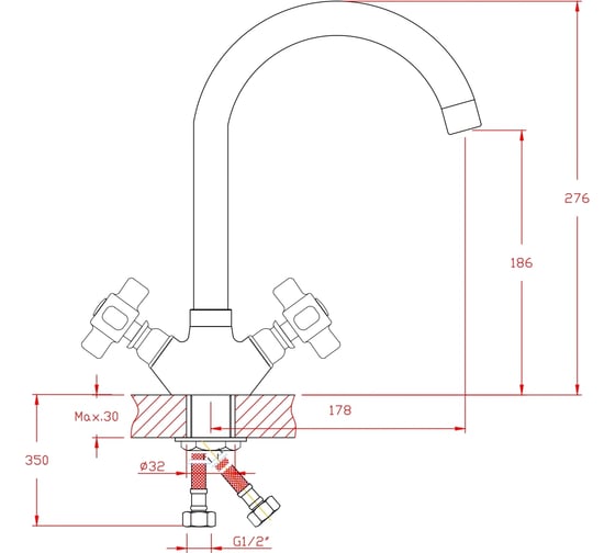 Смеситель для кухни ARCO DA VELLA маховик крест, белый керамич, с гайкой А45(1)05 04953