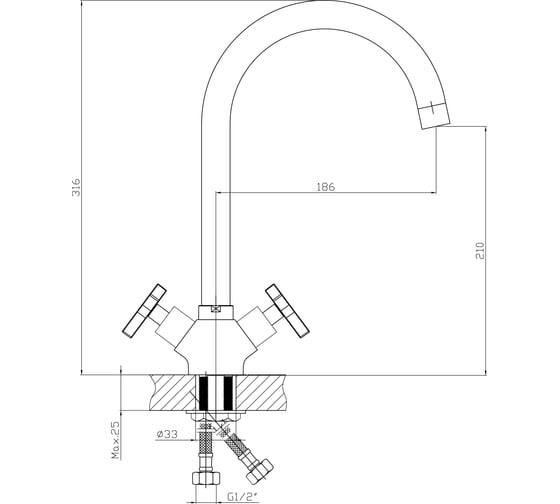 Смеситель для кухни ARCO DA VELLA маховик крест, металл, с гайкой А4518(1) 14074