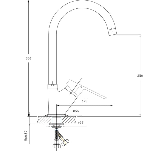 Смеситель для кухни ARCO DA VELLA 40 мм, ручка боковая, с гайкой А40(1)23 07411