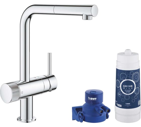 Смеситель для мойки Grohe Blue Pure Minta с l образным выдвижным изливом, для подачи смешанной и фильтрованной воды 31721000 гол 64508001 и фильт 40404001 хром 119706 00000080030 1
