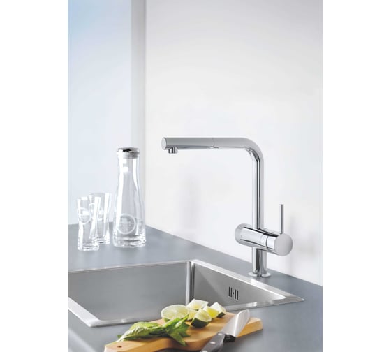 Смеситель для мойки Grohe Blue Pure Minta с l образным выдвижным изливом, для подачи смешанной и фильтрованной воды 31721000 гол 64508001 и фильт 40404001 хром 119706 00000080030