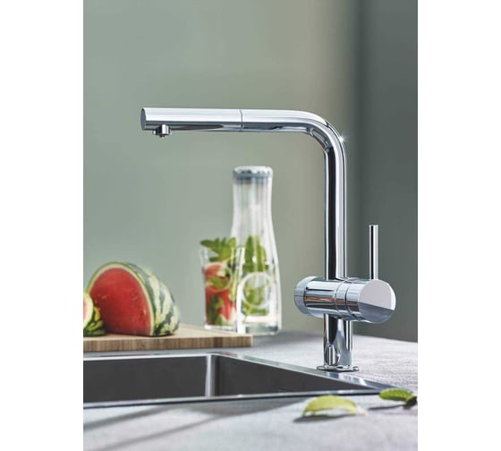 Смеситель для мойки Grohe Blue Pure Minta с l образным выдвижным изливом, для подачи смешанной и фильтрованной воды 31721000 гол 64508001 и фильт 40404001 хром 119706 00000080030