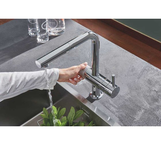 Смеситель для мойки Grohe Blue Pure Minta с l образным выдвижным изливом, для подачи смешанной и фильтрованной воды 31721000 гол 64508001 и фильт 40404001 хром 119706 00000080030