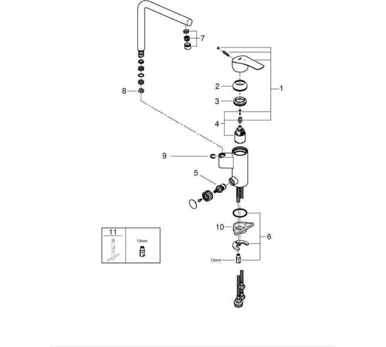 Смеситель для мойки Grohe Eurosmart L-излив, запорный вентиль 31787001