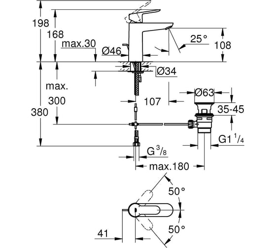 Смеситель для раковины Grohe Start Edge с донным клапаном, M-Size, хром 23774000
