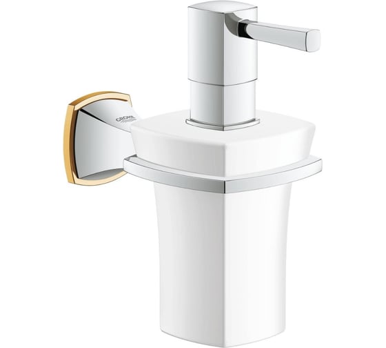 Дозатор жидкого мыла Grohe Grandera керамический, с держателем, хром/золото 40627IG0