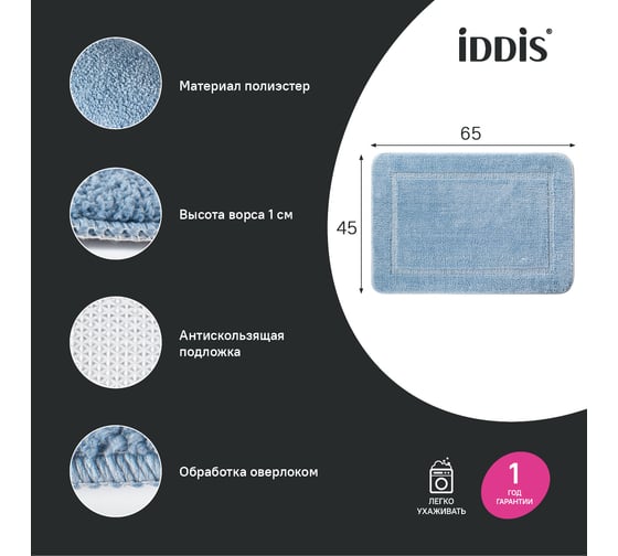 Коврик для ванной комнаты IDDIS 65x45, микрофибра, голубой PSQS04Mi12