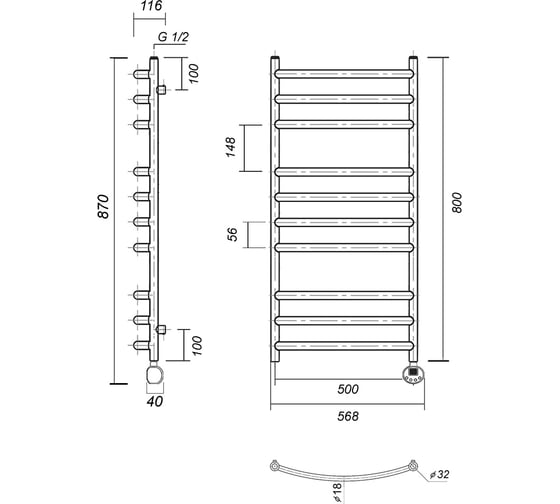 Электрический полотенцесушитель Domoterm Калипсо П10 500x800  ER золото