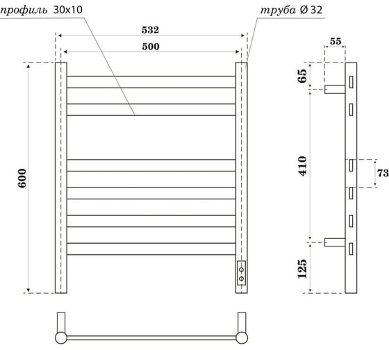 Электрический полотенцесушитель Point Селена п6 500x600, диммер справа, графит премиум PN16856GR