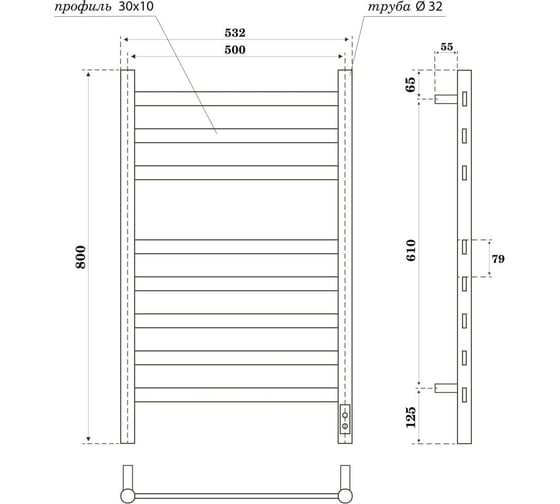 Электрический полотенцесушитель Point Селена п8 500x800, диммер справа, графит премиум PN16858GR