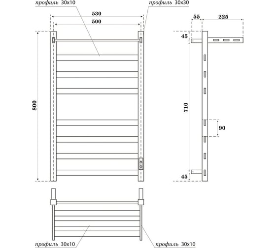 Электрический полотенцесушитель Point Меркурий п7 500x800 с полкой, диммер справа, белый PN83858PW