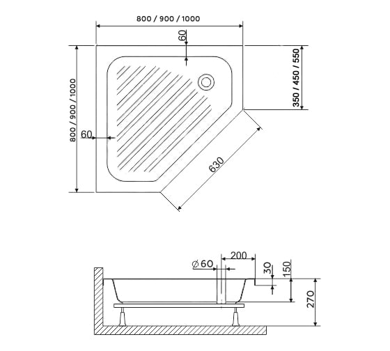 Душевой поддон RGW 100x100x15 h27 BT, CL-S трапеция, диаметр 60 FW5-5 16180500-51