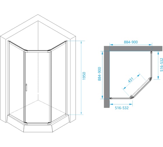 Душевой уголок RGW 90x90x195 PA-86 Трапеция/Хром/Прозрачное(Easy)/6 мм 38088699-11