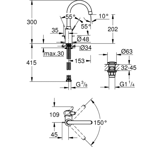Смеситель для раковины GROHE Eurosmart Cosmopolitan с нажимным донным клапаном, L-Size, хром 23933001