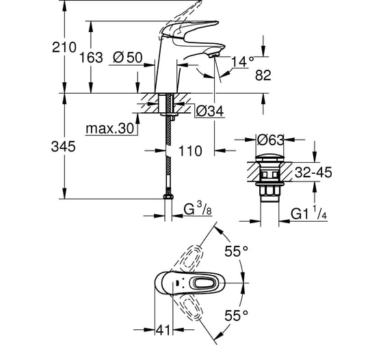 Смеситель для раковины GROHE Eurosmart Cosmopolitan с нажимным донным клапаном, S-Size, хром 23929003