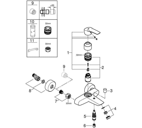 Смеситель для ванны Grohe Eurosmart наружный, хром 00000094494