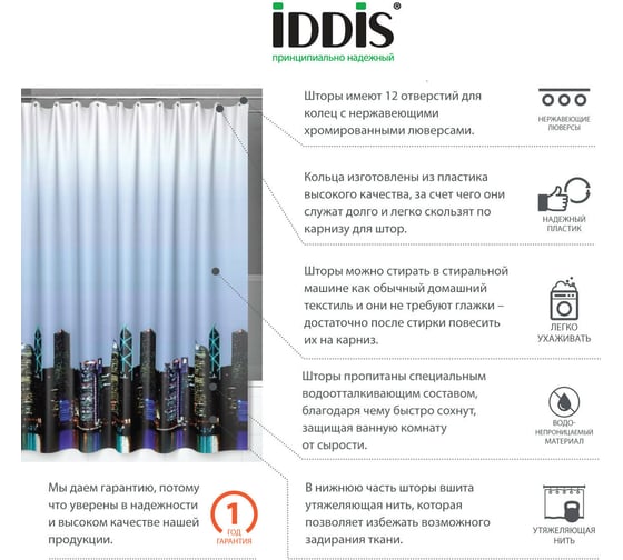 Штора для ванной комнаты IDDIS 200*240 см, полиэстер, ID, city 210P24RI11