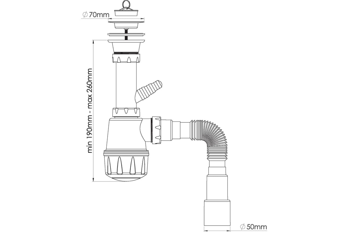 Сифон для мойки Nova с разборным выпуском 70мм, с отводом для стир машины,  длина винта 30 мм, большая колба, выход гибкая труба 1 1/2 - ø40/50 1061