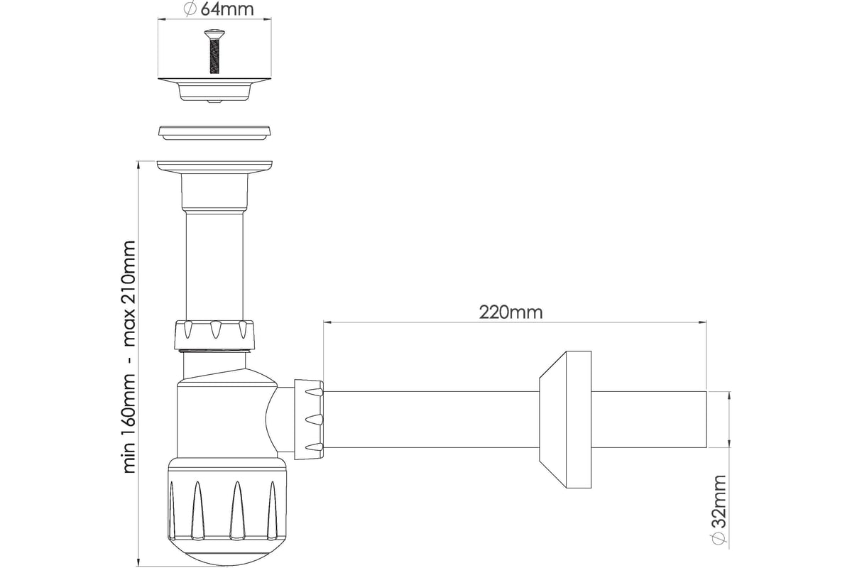 Сифон для умывальника, выпуск 64мм, длина винта 65 мм, выход прямая труба  32 мм Nova 1012