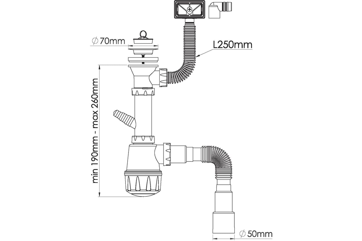 Сифон для мойки Nova с разборным выпуском 70мм с прямоугольным ...