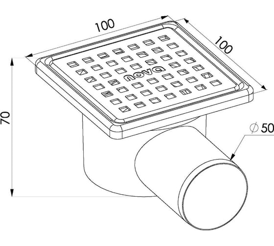 Сантехнический трап Nova нержавеющая сталь с рамкой 10x10, боковой, ø50 5057