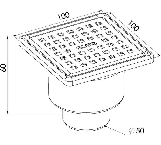 Сантехнический трап Nova нержавеющая сталь с рамкой 10x10, нижний, ø50 5067