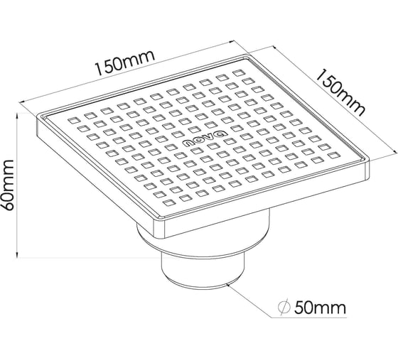 Сантехнический трап Nova нержавеющая сталь 15x15, нижний, ø50 5036