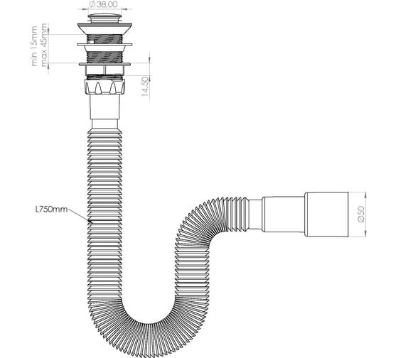 Сифон Nova 1 1/2"-ø40/50 гофрированный, с механизмом click-cluck, l=750 мм 1200