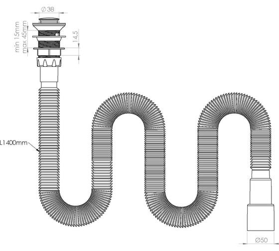 Сифон Nova 1 1/2"- ø40/50 гофрированный (удлиненный), с механизмом click-cluck, l=1400 мм 2011