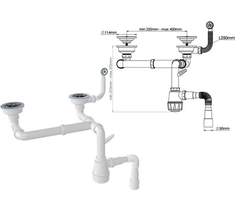 Сифон для кухни с круглым переливом AV Engineering двойной, выпуски 3 1/2, с гибкой трубой 1 1/2 - 40/50 мм AVE129763