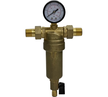 Промывной фильтр с манометром для горячей воды Victoria 1/2" (тонкая очистка) с американками 27-702