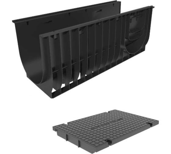 Пластиковый лоток Gidrolica pro dn300, h380 мм, с полиамидной глухой крышкой и крепежом, класс c250 830536