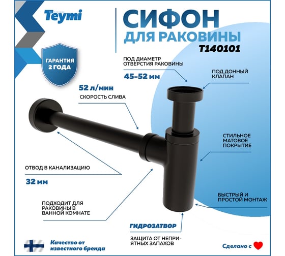 Сифон для раковины Teymi черный матовый T140101 ЦБ-00269188