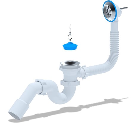 Сифон для ванны АНИ Пласт трубный, пробка на цепочке 1 1/2 дюйма x 40 мм, переходная трубка, 45 гр., 40/50 мм, нержавеющая сетка E151 025-0043