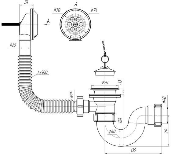Сифон АНИ для ванны с выпуском 1 1/2", с переливом E150 025-0039