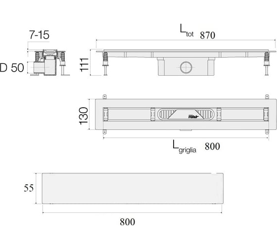 Комплект душевого трапа с решеткой под плитку Valsir KIT LINEA 800