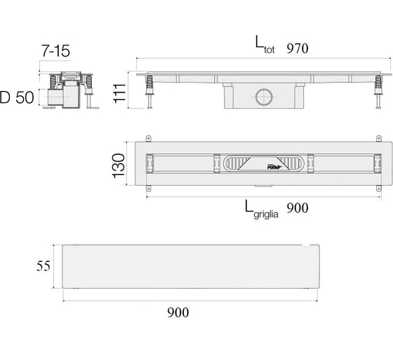 Комплект душевого трапа с решеткой под плитку Valsir KIT LINEA 900