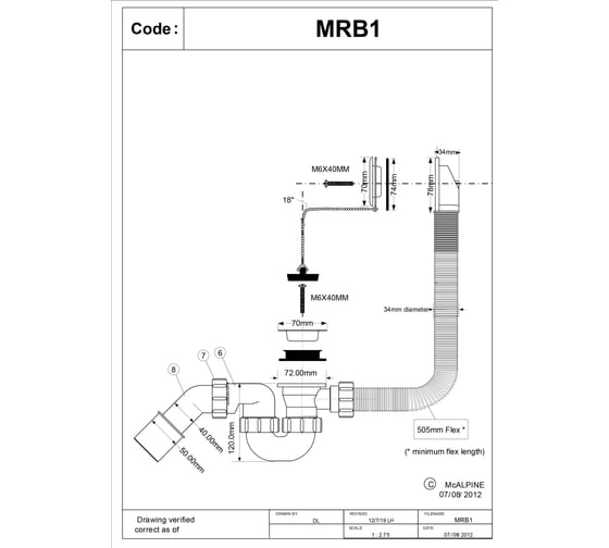 Слив-перелив McAlpine L368 х D34 мм, нержавеющая решетка, пробкой и цепочкой, выход D=40/50 мм MRB1