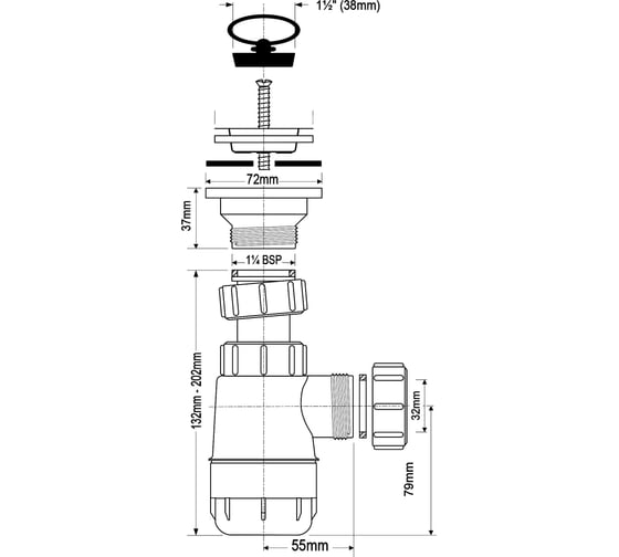 Бутылочный сифон McAlpine 1 1/4"'x32 мм, с выпуском 60 мм, нержавеющая решетка, пробкой MRW2L
