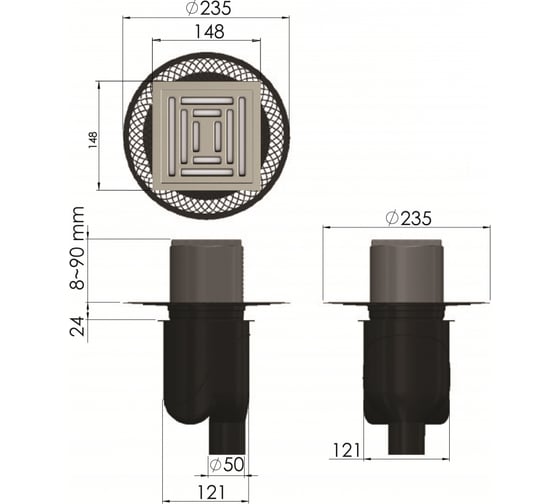 Напольный трап водосток BERGES PLATZ Uno 150х150, S-сифон, D50/105, H30/80, 48l/m 090070