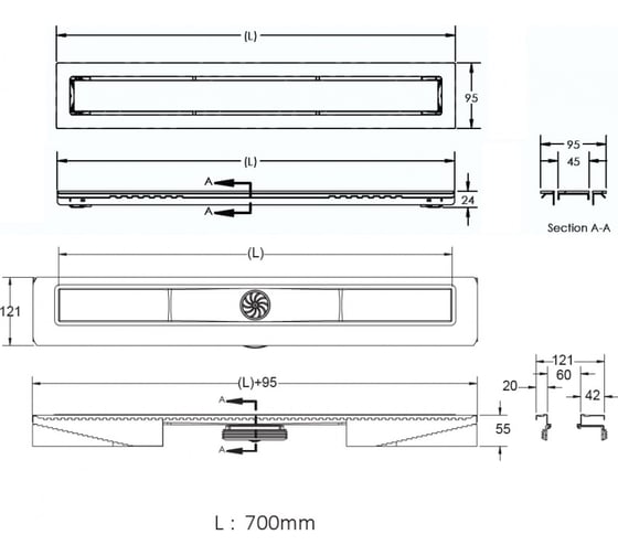 Напольный желоб водосток BERGES TOP Stark 700 S-сифон, D50/105, H30/80, 48l/m 092050
