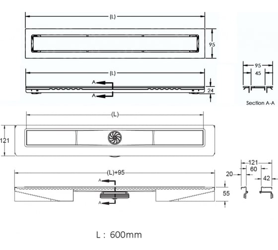 Напольный желоб водосток BERGES TOP Stark 600 S-сифон, D50/105, H30/80, 48l/m 090049