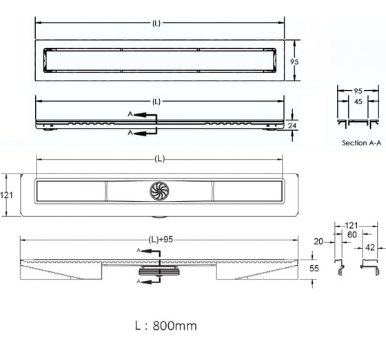 Напольный желоб водосток BERGES TOP Stark 800 S-сифон, D50, H60, боковой выпуск, 42l/m 090151