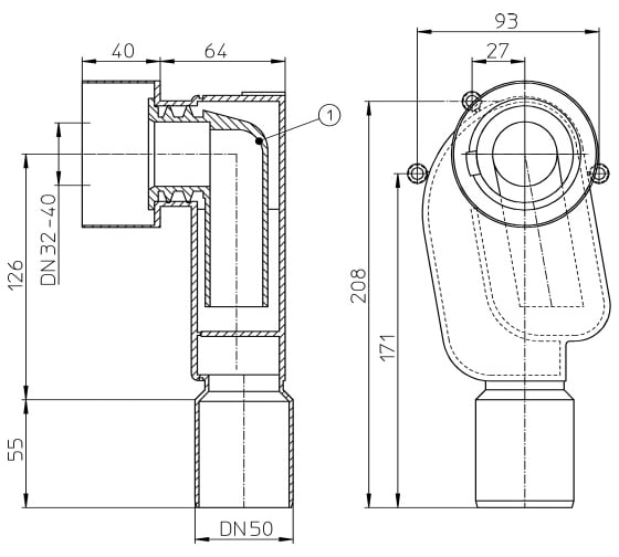 Встраиваемый сифон HL DN50, с монтажной плитой и установочными уголками 1/2" HL 134/50