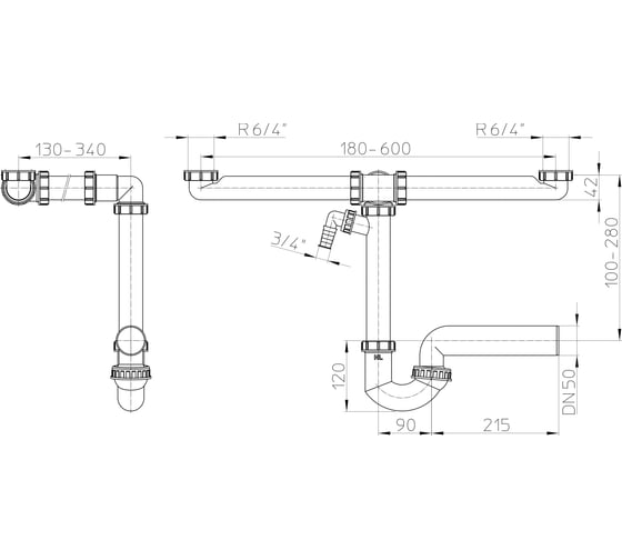 Двойной сифон HL DN 50 HL 126.2/50