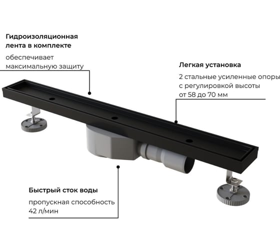 Душевой трап RGW прямой, 600 мм, черный, Ø 50 мм, сифон + ножки, под плитку SDR-08B-60 21210860-014